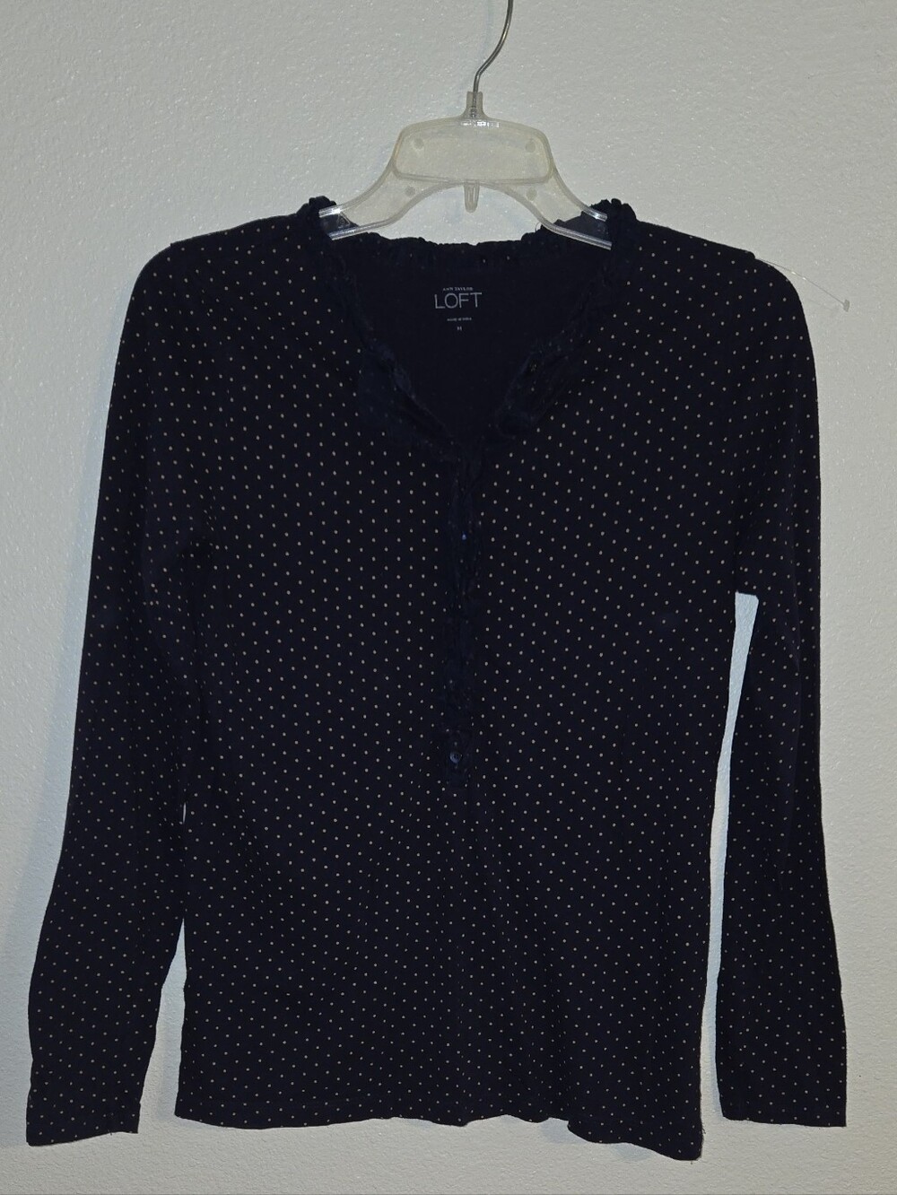 LOFT Navy Top with Tan Polka Dots